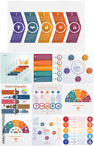 Set 10 universal templates elements Infographics conceptual cyclic processes for 5 positions