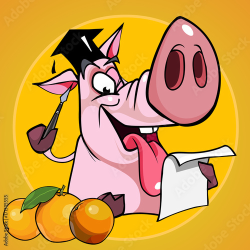 cartoon funny pig in the cap student