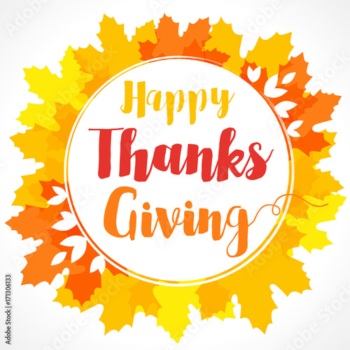 Happy Thanksgiving lettering in elegant herbal frame on orange and yellow maple leaves banner. Happy Thanksgiving seasonal frame vector background for card, banner and autumn sale poster