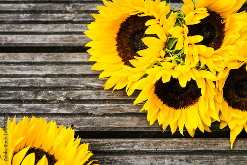 Yellow Sunflower Bouquet on Wooden Rustic Background