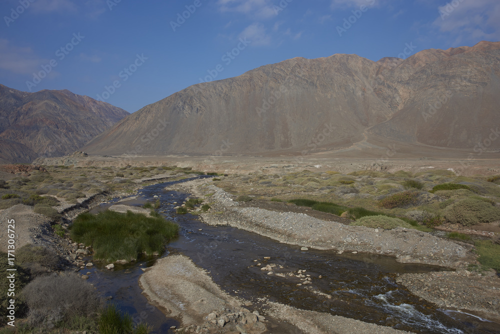 River Loa emerging from the Atacama Desert before flowing into the Pacific Ocean in the Tarapaca Region of northern Chile.