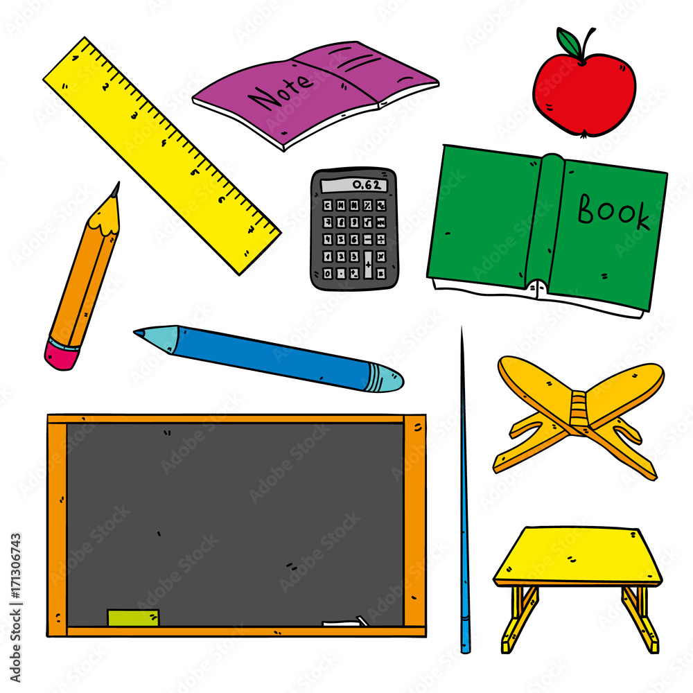 Back to school cartoon icons - school supplies set. Vector illustration of  the following: pen, pencil, blackboard, book, notepad, calculator, apple  and other school things Stock Vector | Adobe Stock