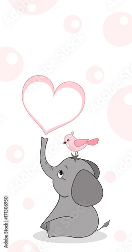 Cute cartoon elephant with bird. Best friends. Vector.