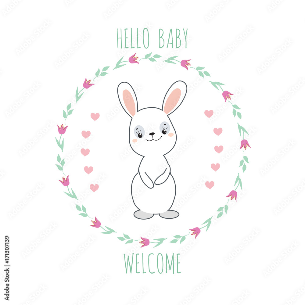 Baby shower invitation card with cute funny rabbit. Vector illustration. Baby shower invitation card with cute funny rabbit. Vector illustration.