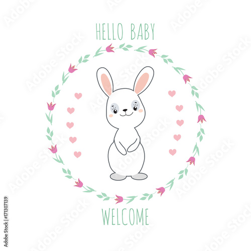 Baby shower invitation card with cute funny rabbit. Vector illustration.
