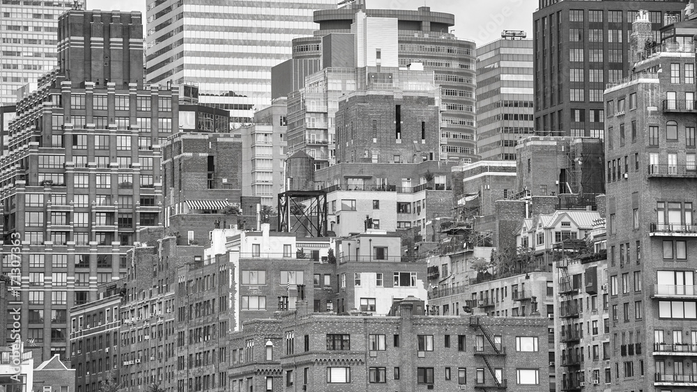 Black and white picture of Manhattan architecture, New York City, USA.