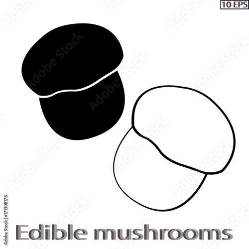 Mushrooms. Black icon. Edible fungus. Illustration to culinary sites or cook book. Recipe mushrooms, vegetarian menu, kitchen interior design. Vector illustration.