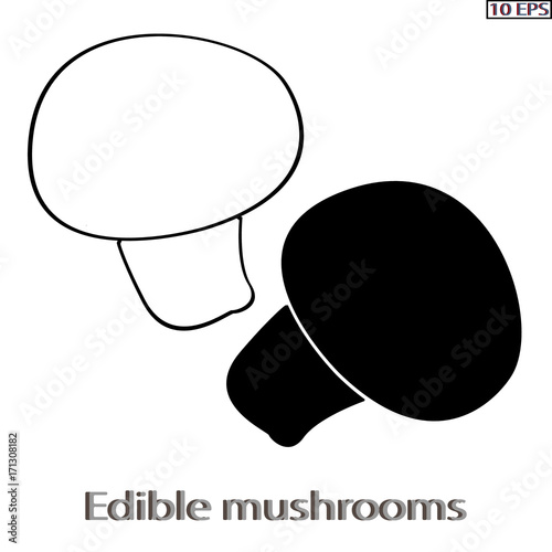 Mushrooms. Black icon. Edible fungus. Illustration to culinary sites or cook book. Recipe mushrooms, vegetarian menu, kitchen interior design. Vector illustration.