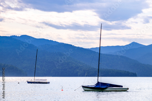 sailboats at the walchensee lake in germany
