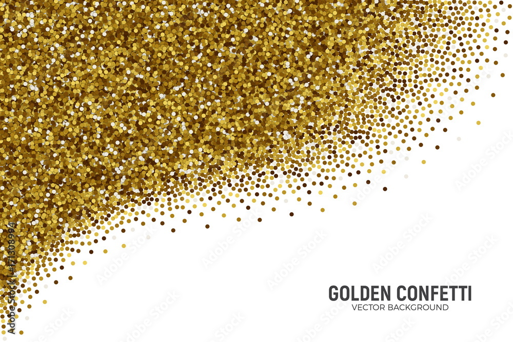 Vector Scattered Golden Confetti in Abstract Shape Isolated on White Background 3D Illustration. Slapstick Paper Round Gold Bright Particles. Graphic Design Template