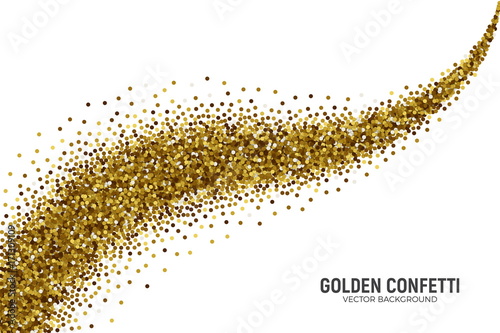 Vector Scattered Golden Confetti in Abstract Vortex Shape Isolated on White Background 3D Illustration. Slapstick Paper Round Gold Bright Particles. Graphic Design Template