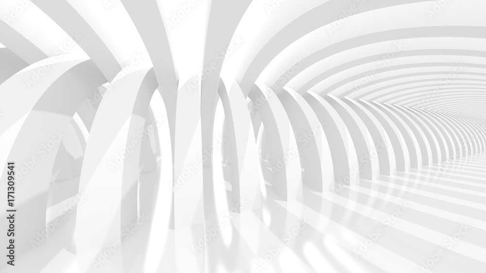 Futuristic white corridor with abstract columns and bright sunlight. 3D Rendering. Futuristic white corridor with abstract columns and bright sunlight. 3D Rendering.
