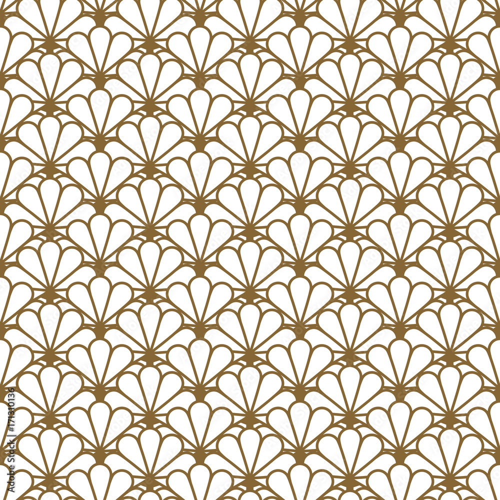 Japan inspired vector seamless pattern in gold line color style. Japanese fan classic design.