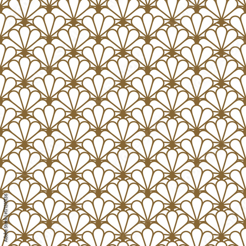 Japan inspired vector seamless pattern in gold line color style. Japanese fan classic design.