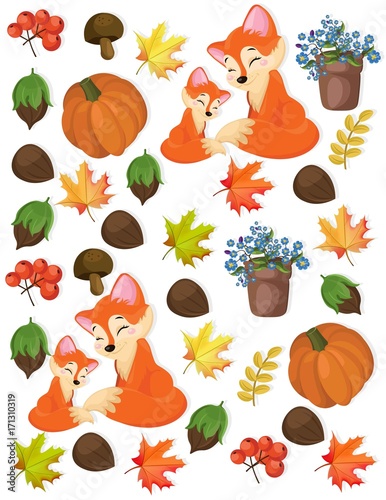 Autumn pattern fox, pumpkin and forrest nuts Vector