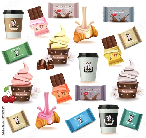 Desserts and coffee delicious pattern Vector illustration. Croissant, chocola...