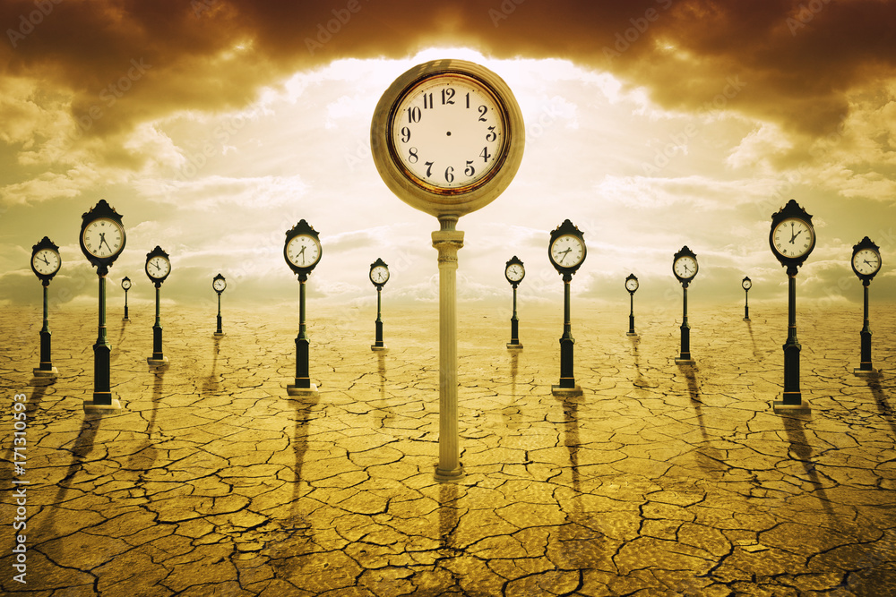 Time after death concept. Clock with no hands among many other showing different times - obrazy, fototapety, plakaty 