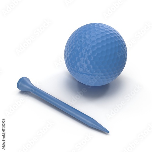 Blue Golf ball and tee on white. 3D illustration