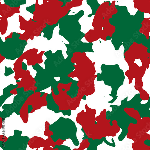 Red, green and white UFO Christmas camouflage is a bright seamless pattern that can be used as a camo print for clothing and background and backdropor computer wallpaper