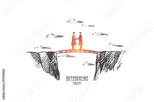 Outsourcing concept. Hand drawn people working at outsource. Persons shaking hands isolated vector illustration.