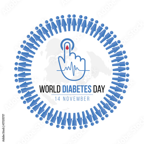 World Diabetes Day Awareness with blue Human icon circle and  Blood drop on hand for blood sugar level and  Wave pulse sign on map world vector design