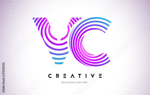 VC Lines Warp Logo Design. Letter Icon Made with Purple Circular Lines.