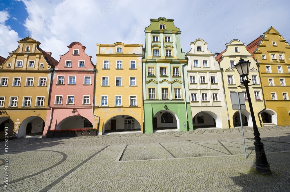 Colorful tenements on the market square of the Old Town of Jelenia Gora, Poland