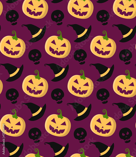 Halloween vector seamless pattern with pumpkins in trendy flat style