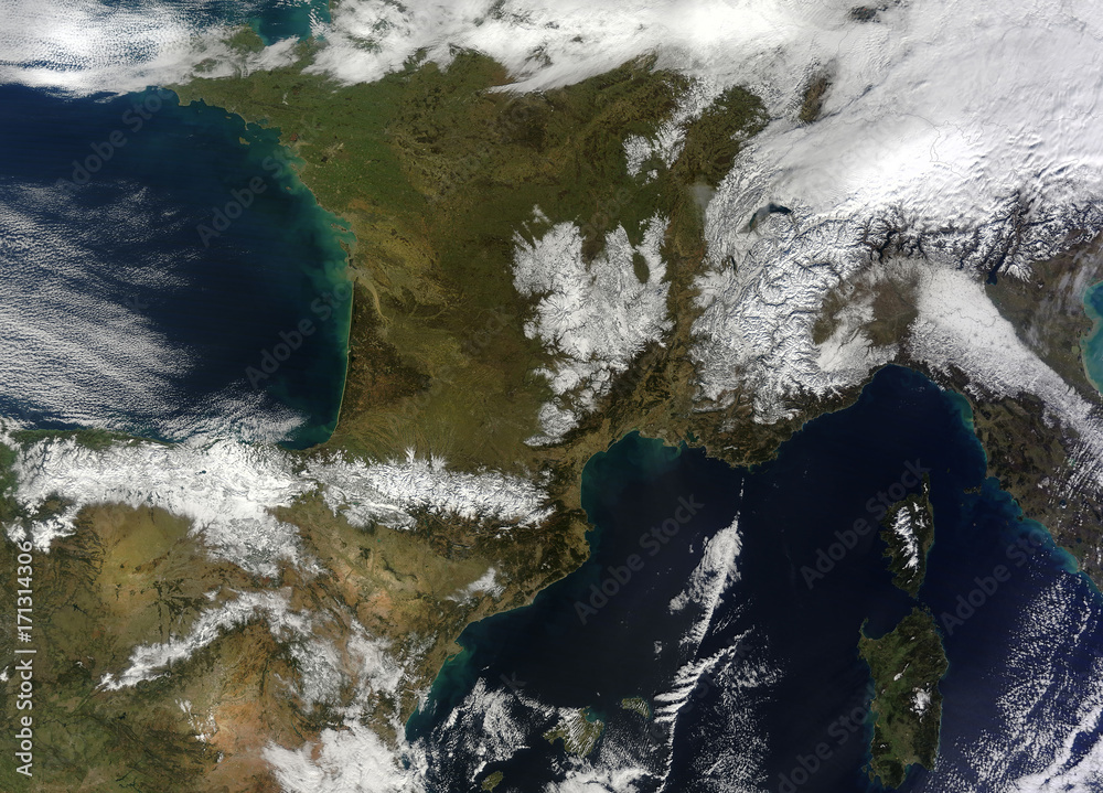 Satellite view of the snow in the mountains in southwestern Europe