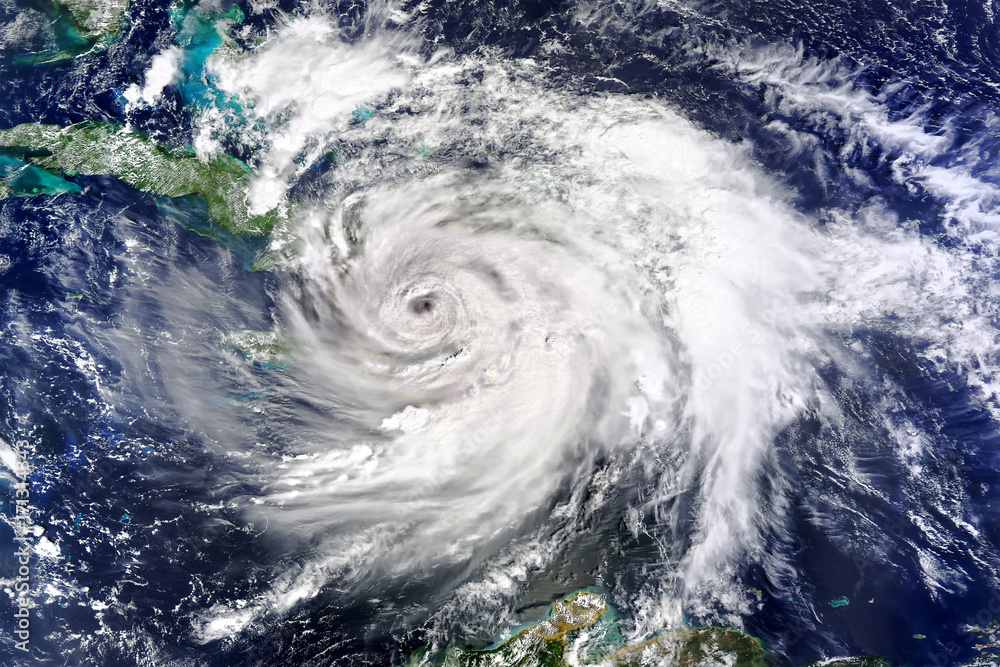 Satellite view. Hurricane Matthew Hits Haiti. Elements of this image furnished by NASA. - obrazy, fototapety, plakaty 