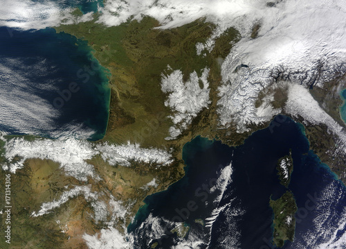 Fototapeta Naklejka Na Ścianę i Meble -  Satellite view of the snow in the mountains in southwestern Europe. Elements of this image furnished by NASA.