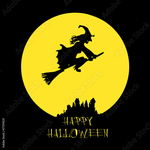 Halloween card, poster with witch on full moon background. Vector hand written Happy Halloween text.