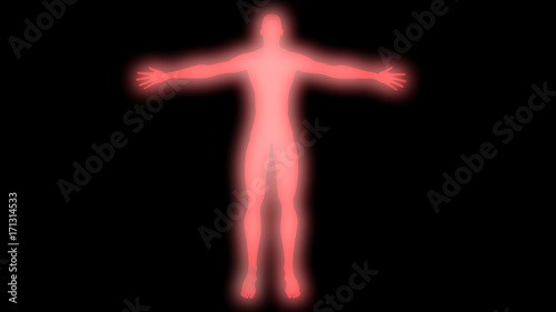 Glowing man with raised arms. Internal smoke effect in body silhouette. 3d rendering