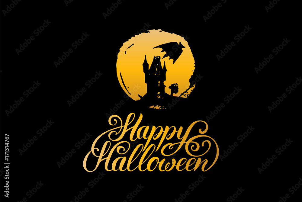 Vector illustration with Happy Halloween lettering. All Saints Eve background. Festive symbols for greeting card, poster