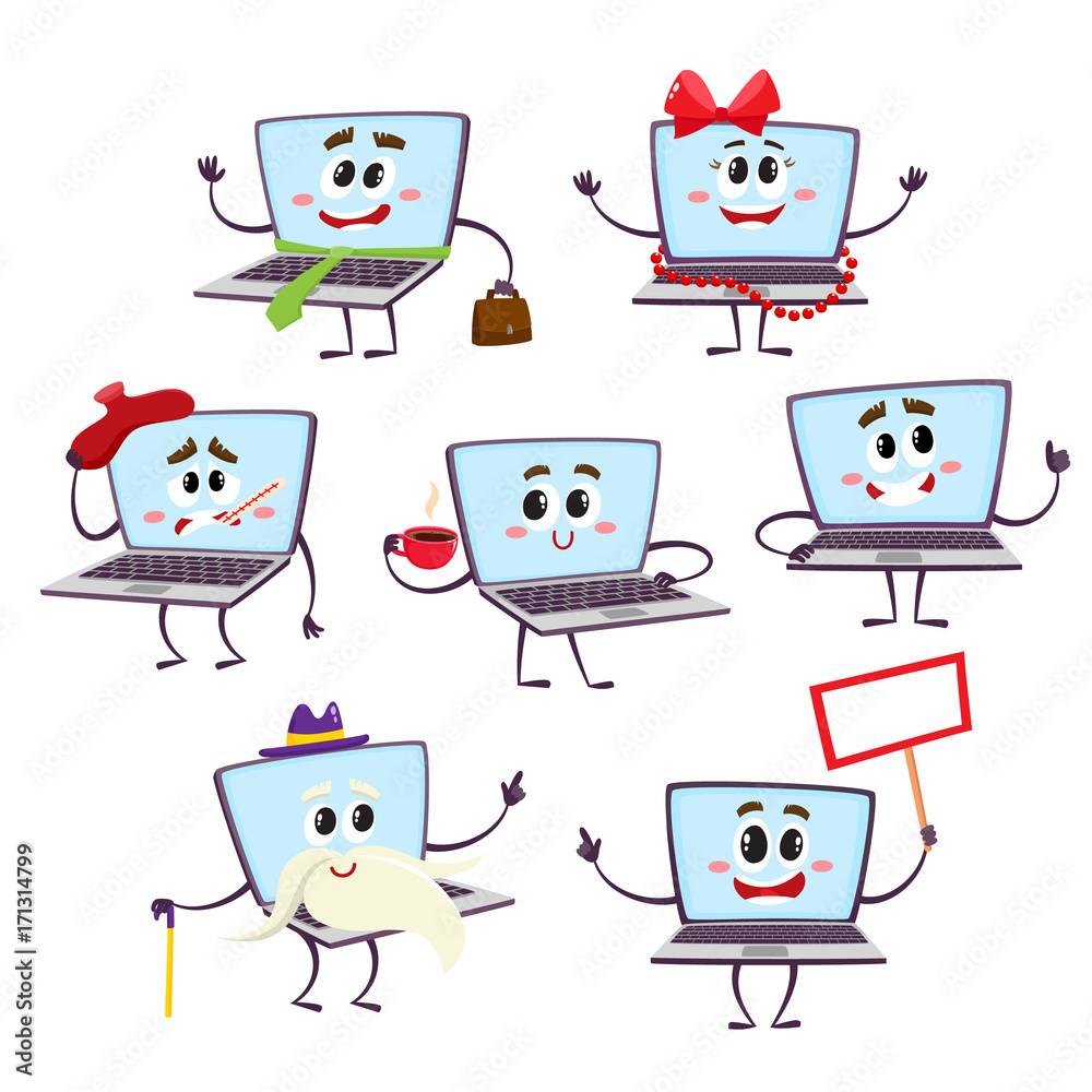 Set of various funny cartoon laptop computer characters - happy, old, sick,  vector illustration isolated on white background. Cartoon set of laptop  computer characters with human faces Stock Vector | Adobe Stock