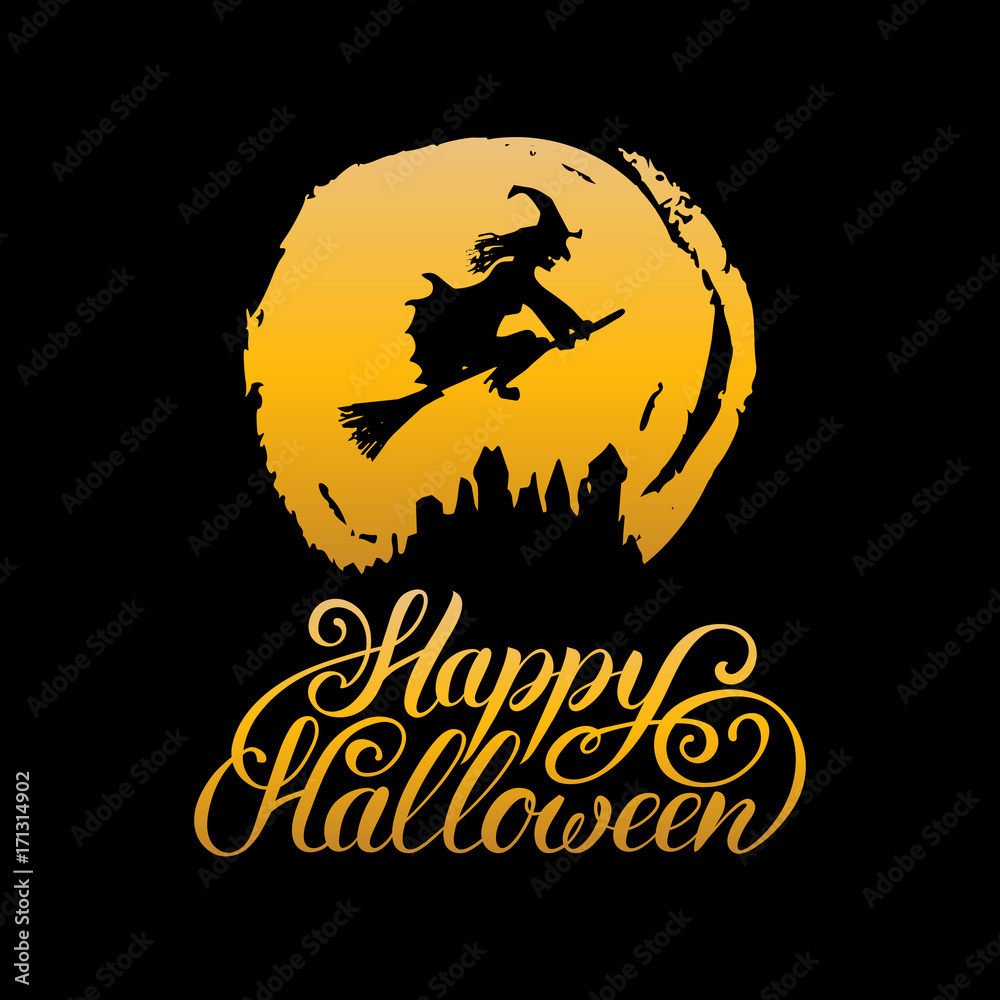 Witch vector illustration with Happy Halloween lettering. All Saints Eve background. Festive hand sketched card.