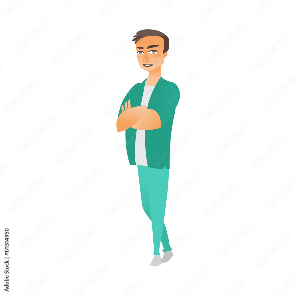 vector flat cartoon young male doctor, physician in green medical clothing keeping arms crossed at chest smiling. Isolated illustration on a white background. vector flat cartoon young male doctor, physician in green medical clothing keeping arms crossed at chest smiling. Isolated illustration on a white background.