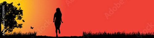 Vector silhouette of girl who run in nature at sunset. © majivecka