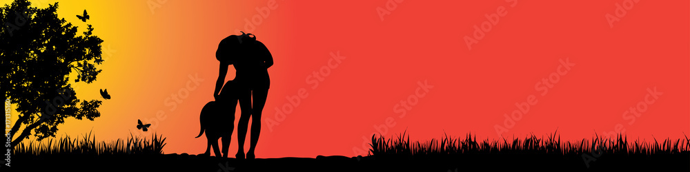 Vector silhouette of girl with dog in nature at sunset. Stock Vector ...