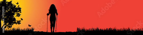 Vector silhouette of girl who walk in nature at sunset.