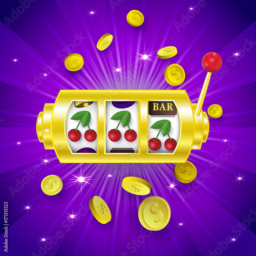 Casino banner, poster design with slot machine showing a winning combination with three cherry signs, vector illustration. Jackpot slot machine, winning combination, three cherry signs, banner design