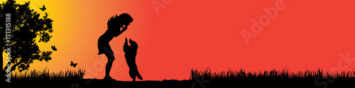 Vector silhouette of girl with dog in nature at sunset.