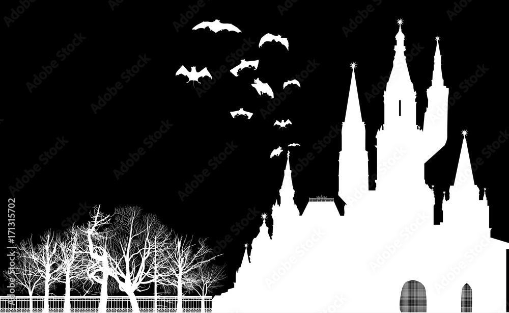 bat silhouettes above large castle isolated on black