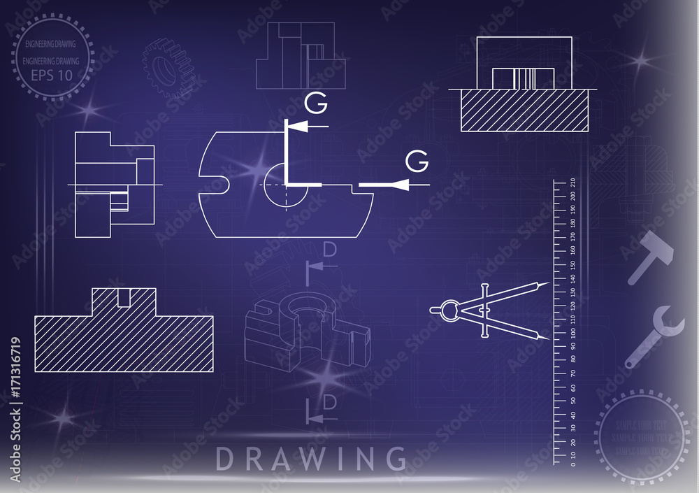 Machine-building drawings on a blue background