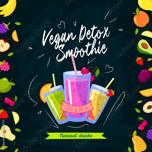 Smoothies time. Vector illustration with different smoothies and fruits on black background