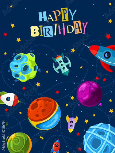 Fototapeta Naklejka Na Ścianę i Meble -  Happy birthday gift card with cute planets and rockets