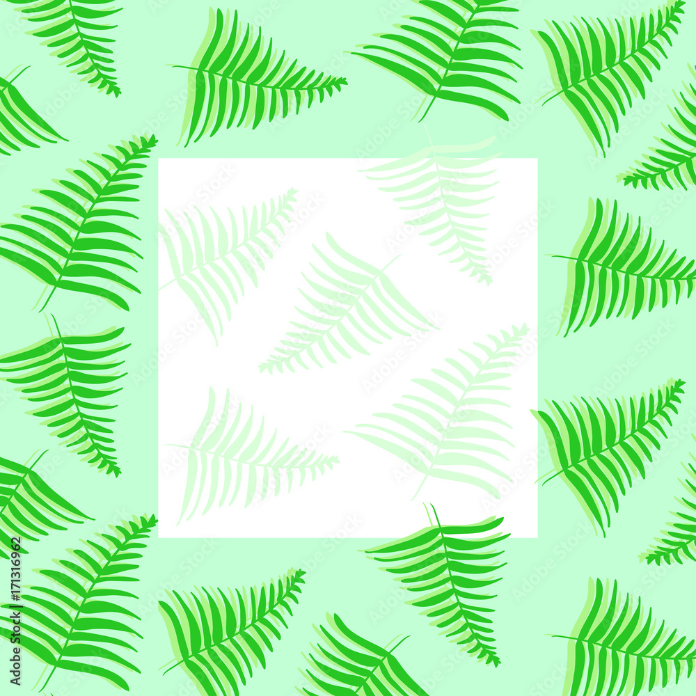 Vector trendy frame for text or photo with green tropical leaves on light blue background. Exotic summer leaves card with border