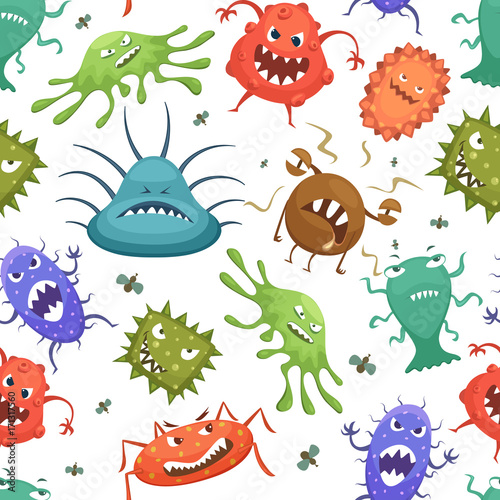 Dangerous. Streptococcus lactobacillus staphylococcus and others microbes in cartoon style. Vector seamless pattern