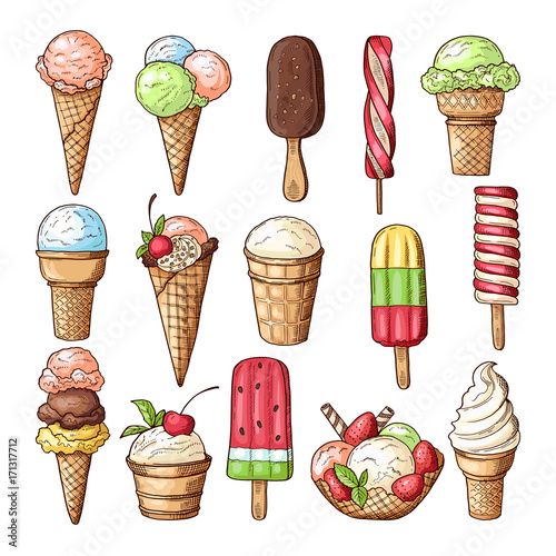 Colored illustrations of ice creams with chocolate, lollipops and strawberry. Vector pictures set of different desserts