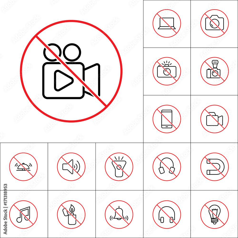 thin line no video shooting sign, gadget prohibitions set thin line no video shooting sign, gadget prohibitions set